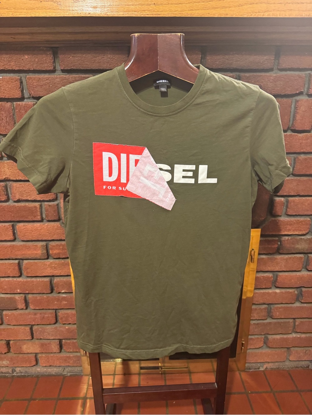Diesel Olive Green Short Sleeve Tee with Red Logo Patch